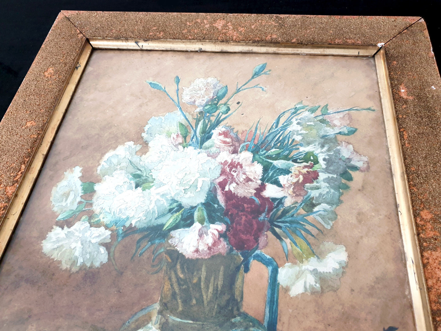 Painting by L. Rogniat, Bouquet of Carnations with a Fan, 1893 - Watercolor Painting