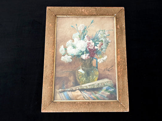 Painting by L. Rogniat, Bouquet of Carnations with a Fan, 1893 - Watercolor Painting