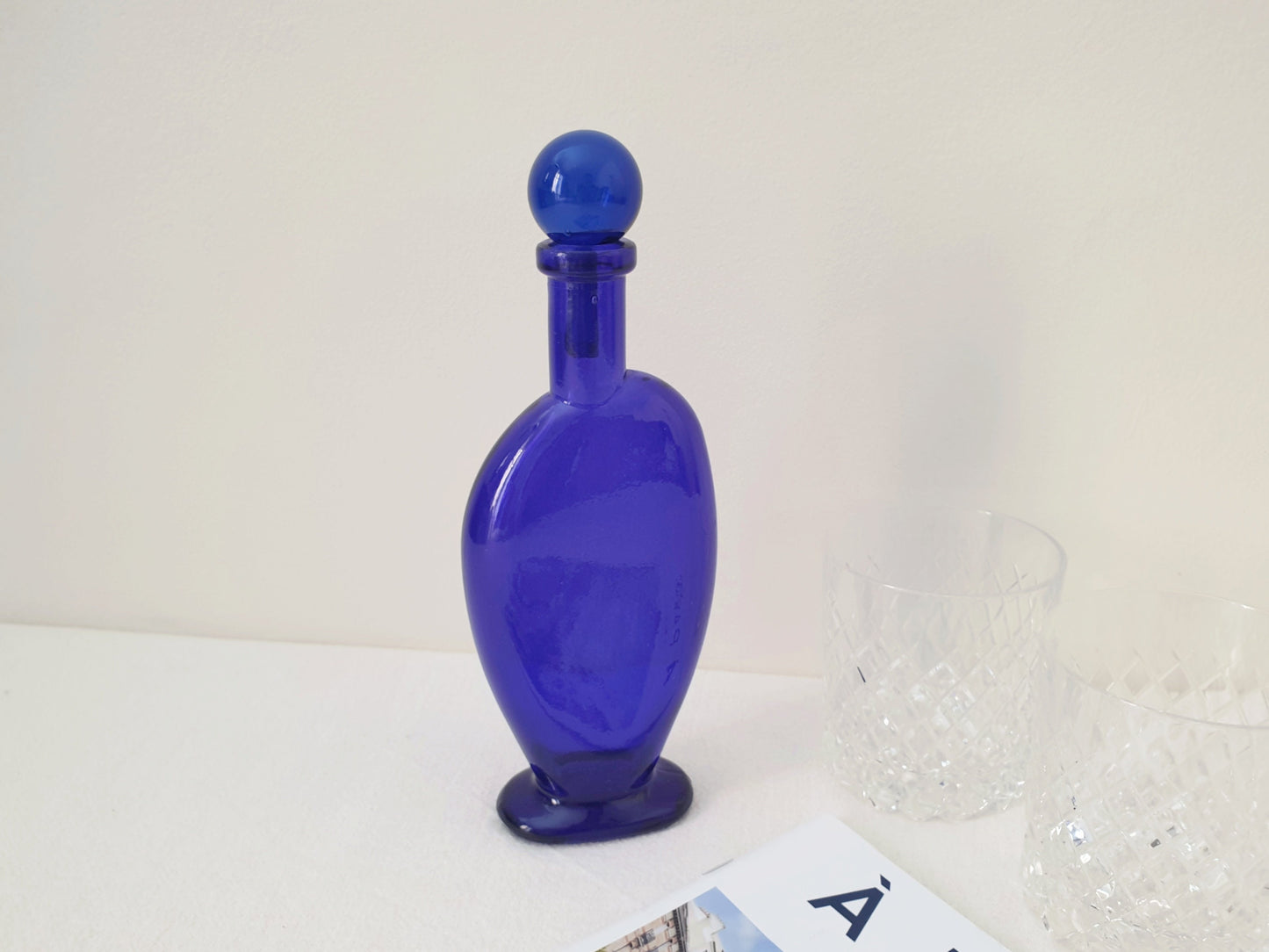 Art nouveau Vintage Bristol Blue Flat Glass Decanter or Liquor Container