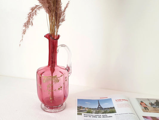 Vintage Cranberry Pink Victorian Blown Glass Pitcher - Vase with Fluted Opening