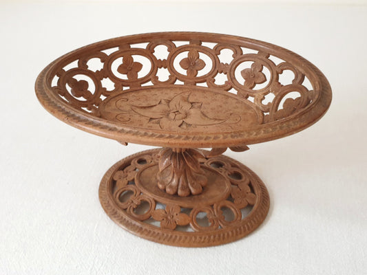 Antique Hand-Carved Wooden Tray with Pedestal Stand - Open Work Design