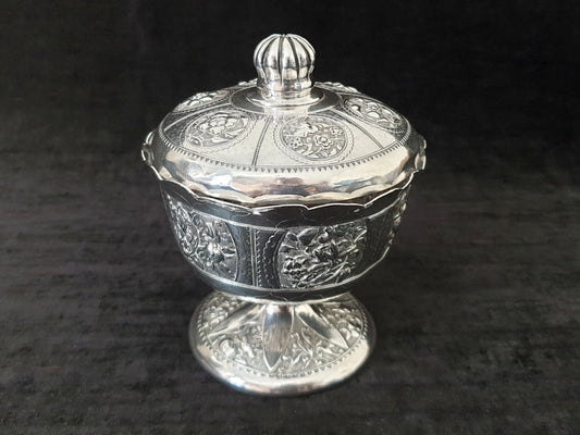 Vintage Middle Eastern Silver-plated Footed Bowl with a Lid Decorated with Floral Motifs