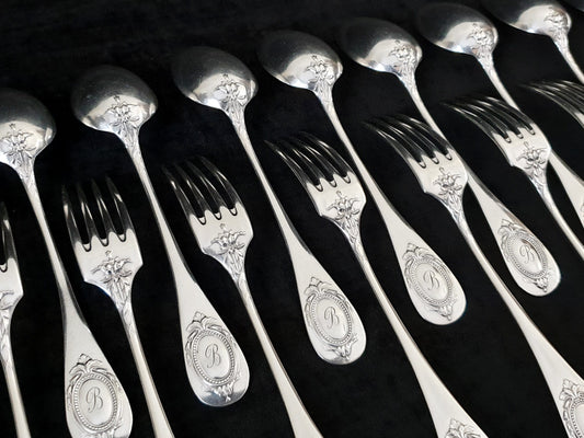 12 Pairs of Christofle Silver Plated Dessert Spoons and Forks - Louis XVI Style 24-Piece Dessert Cutlery Set Circa 1900s