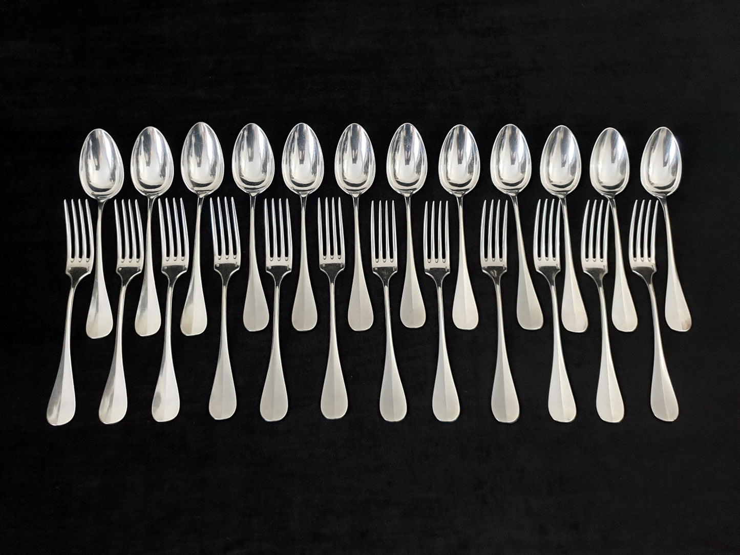 12 Pairs of Christofle Silver Plated Dessert Spoons and Forks - Louis XVI Style 24-Piece Dessert Cutlery Set Circa 1900s