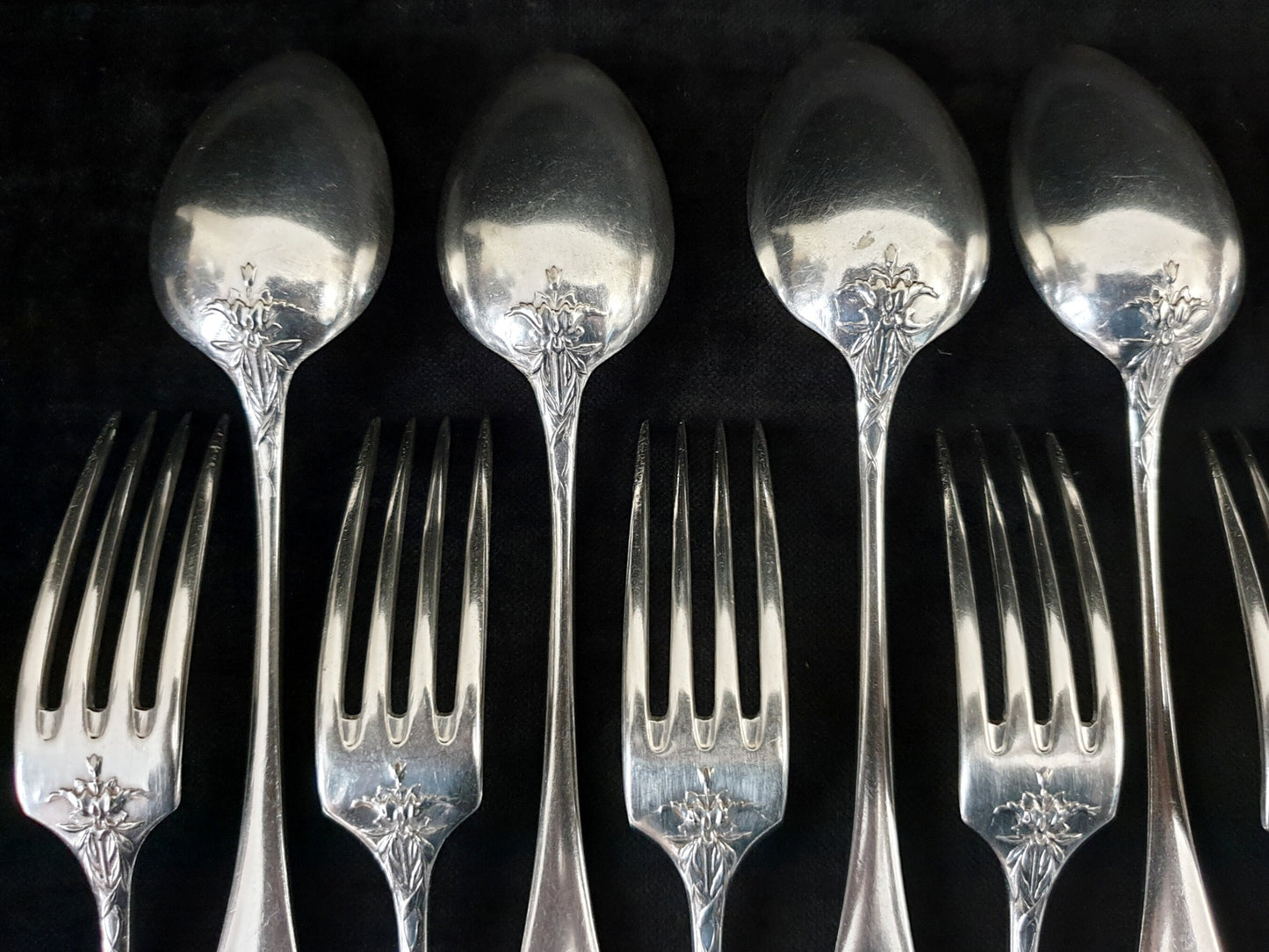 12 Pairs of Christofle Silver Plated Dessert Spoons and Forks - Louis XVI Style 24-Piece Dessert Cutlery Set Circa 1900s