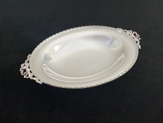 Vintage Oval Silver Plated Serving Tray with Ribbon Handles and Acanthus Leaf Feet