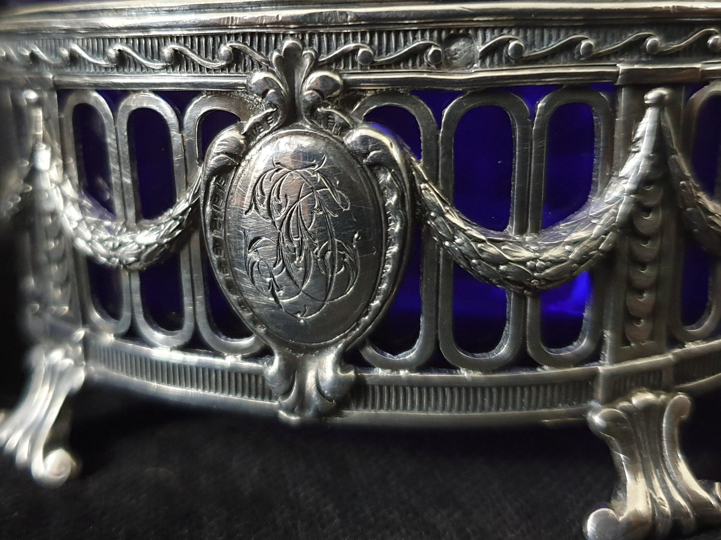 Pair of Antique French 950 Silver and Blue Glass Salt Cellars - 19th Century Louis XVI Style