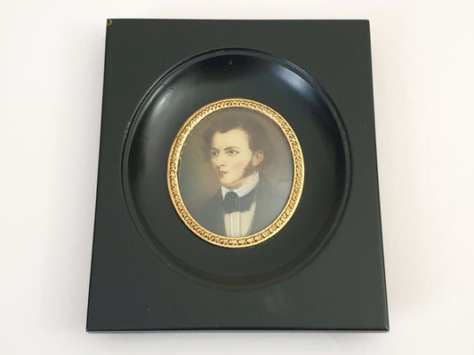 Vintage Handpainted Watercolor Miniature Portrait of Chopin in Black Ebony Frame