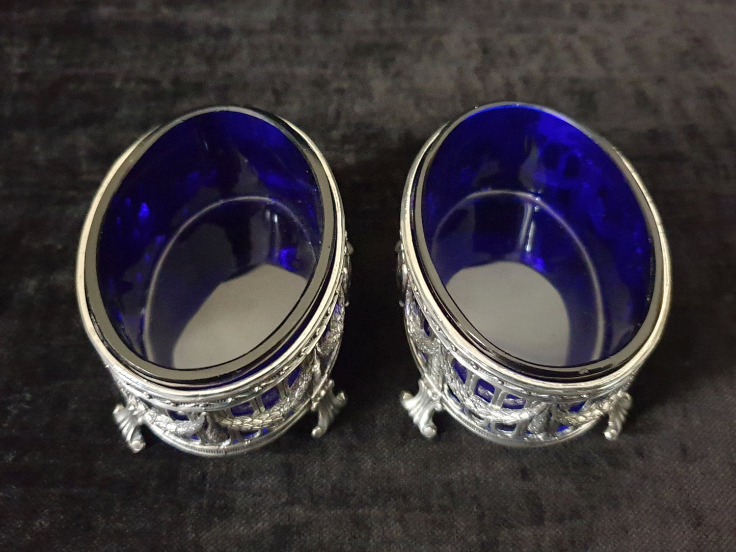 Pair of Antique French 950 Silver and Blue Glass Salt Cellars - 19th Century Louis XVI Style