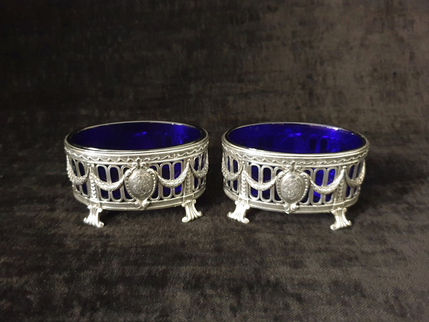 Pair of Antique French 950 Silver and Blue Glass Salt Cellars - 19th Century Louis XVI Style