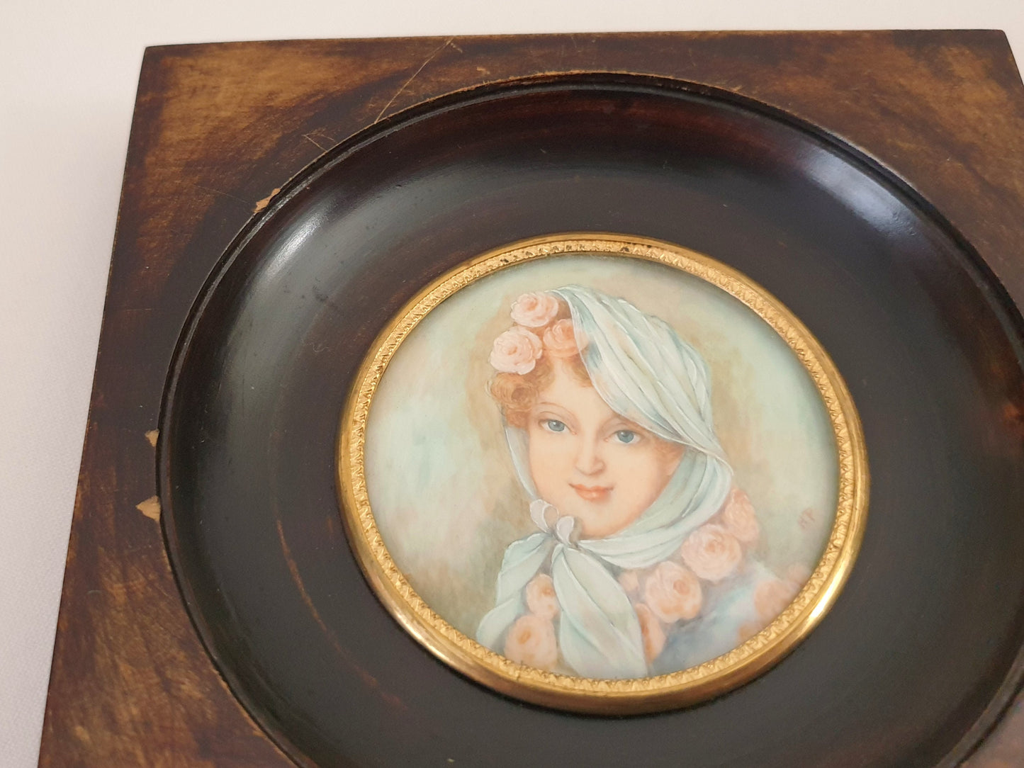 Hand-Painted Miniature Portrait of Marie Louise, the Empress of the French, after Jean Baptiste Isabey, in Dark Brown Ebony Frame