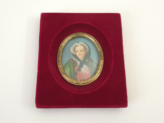 Vintage Handpainted Watercolor Miniature Portrait of Beautiful Lady in Red Velvet Frame