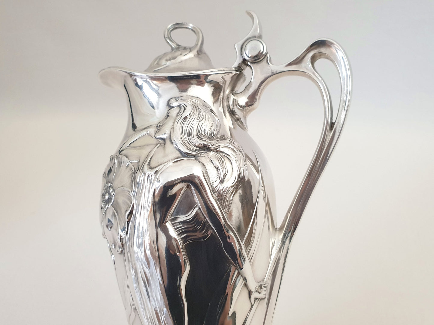 Rare WMF Art Nouveau Silver Plated Pitcher with Lady and Floral pattern