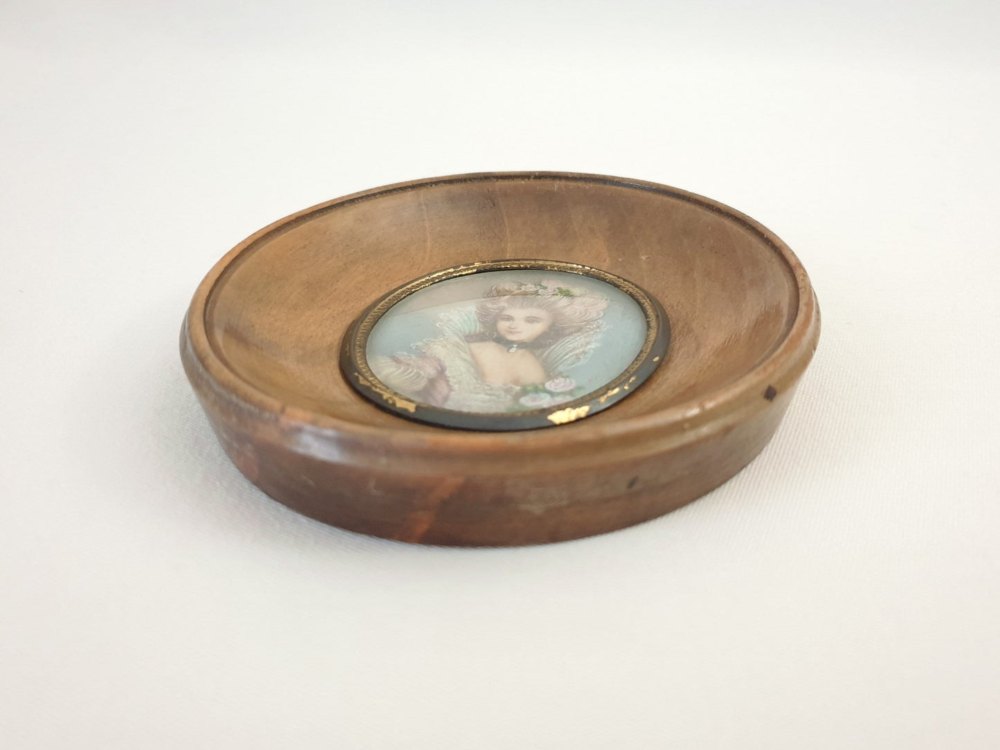 Hand-Painted Miniature Portrait of Beautiful Lady in Georgian Style, within Oval Light Brown Ebony Frame