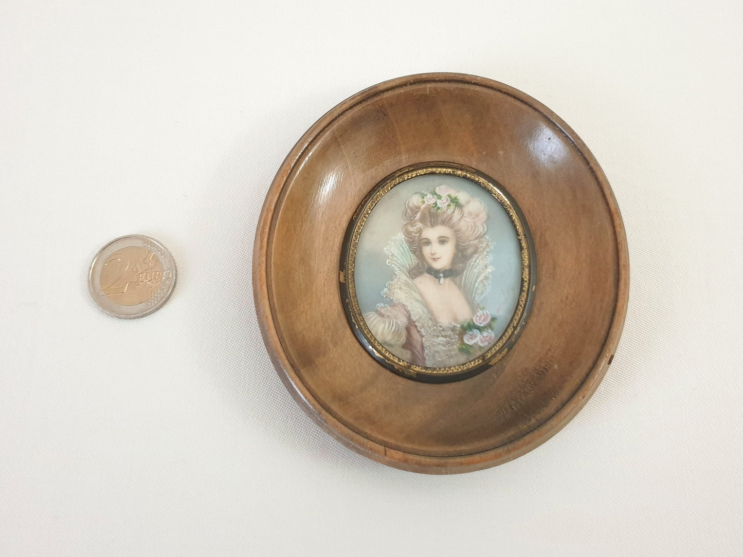 Hand-Painted Miniature Portrait of Beautiful Lady in Georgian Style, within Oval Light Brown Ebony Frame