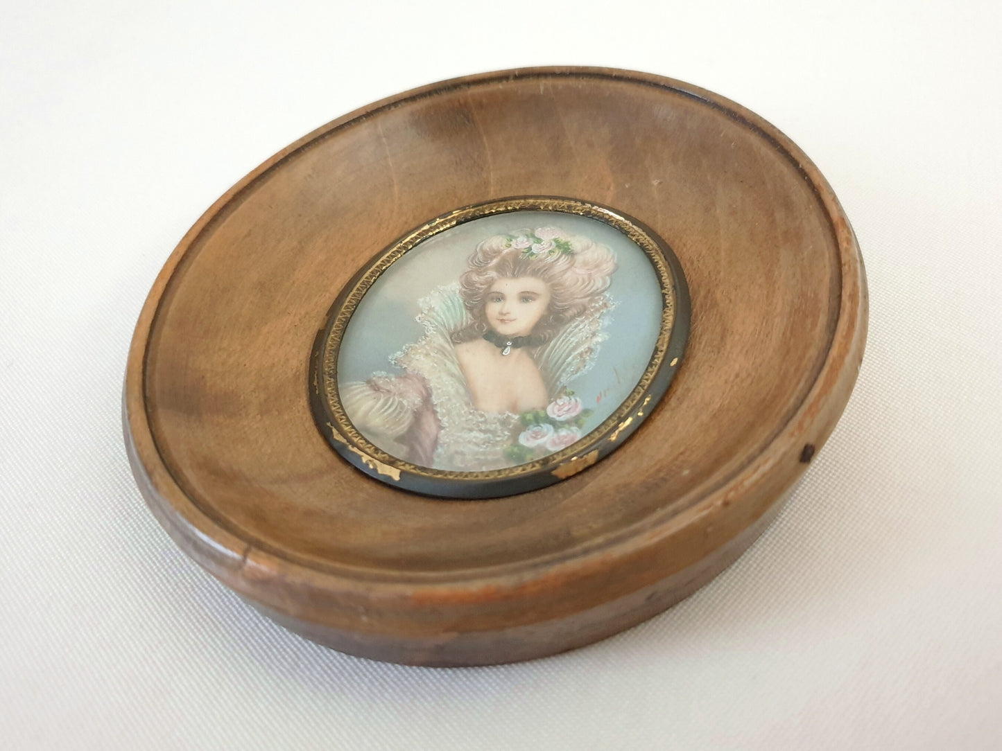 Hand-Painted Miniature Portrait of Beautiful Lady in Georgian Style, within Oval Light Brown Ebony Frame