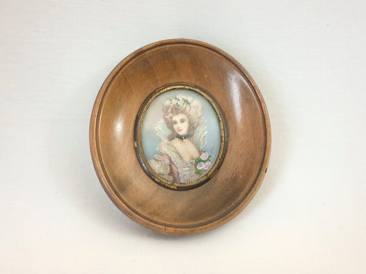 Hand-Painted Miniature Portrait of Beautiful Lady in Georgian Style, within Oval Light Brown Ebony Frame