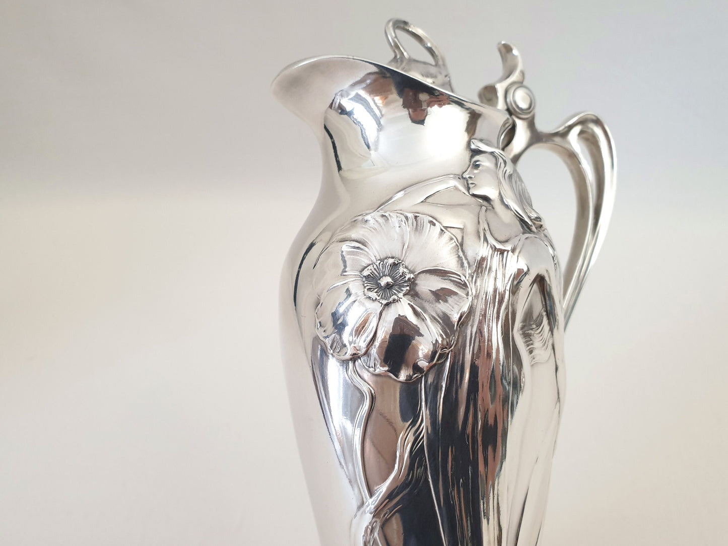 Rare WMF Art Nouveau Silver Plated Pitcher with Lady and Floral pattern