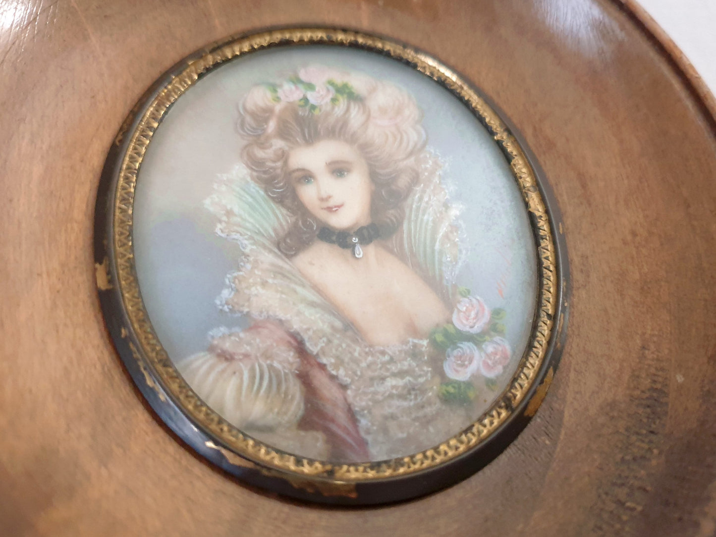 Hand-Painted Miniature Portrait of Beautiful Lady in Georgian Style, within Oval Light Brown Ebony Frame