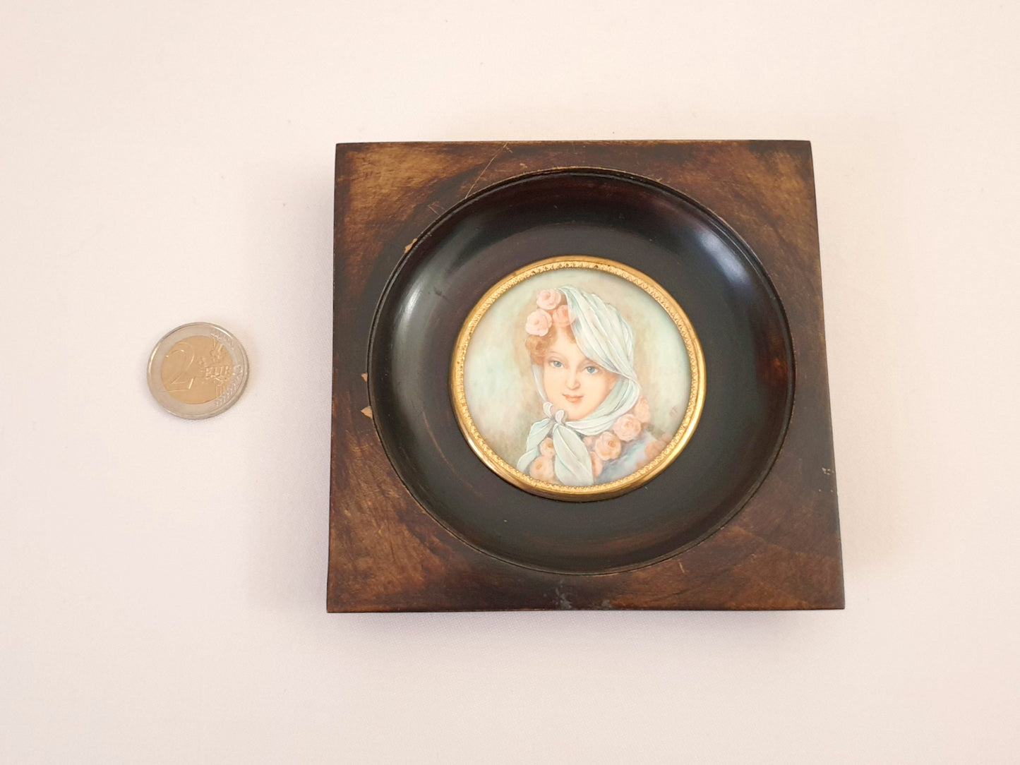 Hand-Painted Miniature Portrait of Marie Louise, the Empress of the French, after Jean Baptiste Isabey, in Dark Brown Ebony Frame