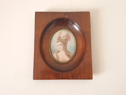 Vintage Hand-Painted Miniature Portrait of Beautiful Lady in Georgian Style in Brown Ebony Frame