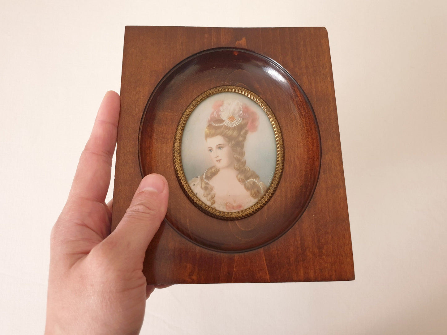 Vintage Hand-Painted Miniature Portrait of Beautiful Lady in Georgian Style in Brown Ebony Frame