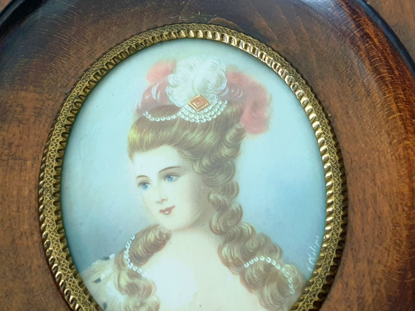 Vintage Hand-Painted Miniature Portrait of Beautiful Lady in Georgian Style in Brown Ebony Frame