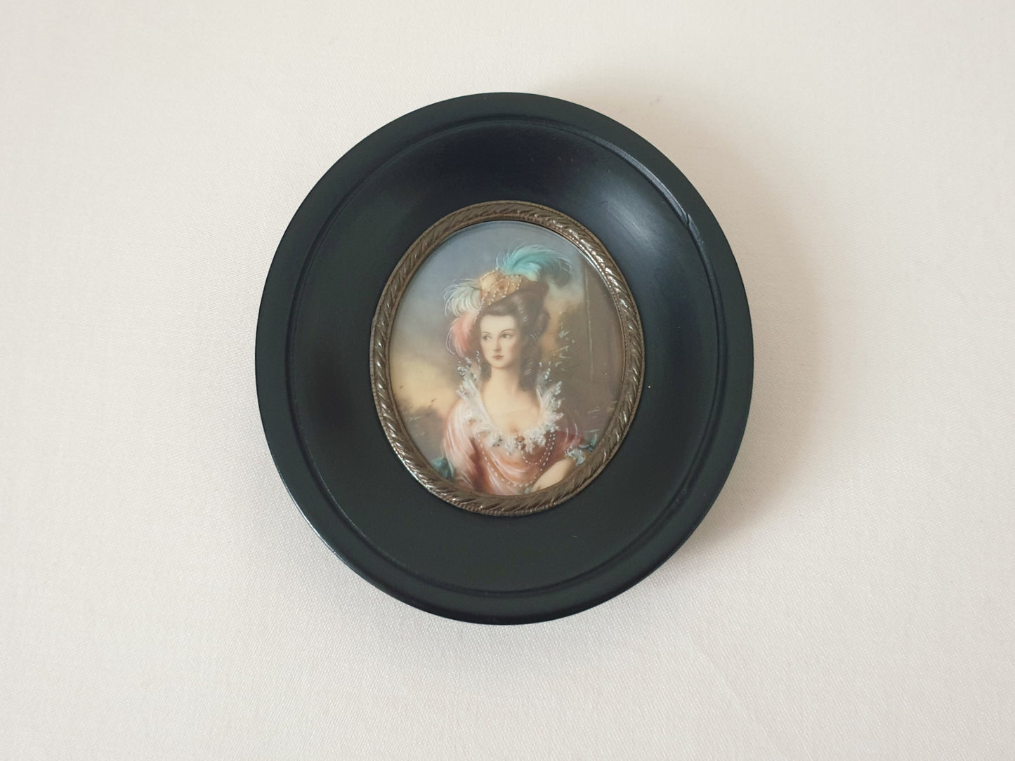 Hand-Painted Miniature Portrait of Beautiful Lady in Georgian Style, in Oval Black Ebony Frame