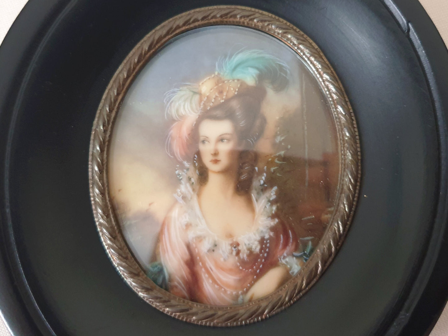 Hand-Painted Miniature Portrait of Beautiful Lady in Georgian Style, in Oval Black Ebony Frame