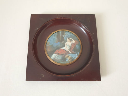 Vintage Handpainted Watercolor Miniature after Pierre-Paul Prud'hon’s “The Empress Joséphine” in Dark Brown Ebony Frame