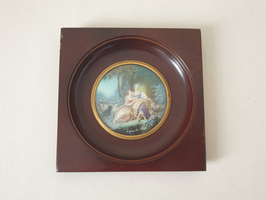 Vintage Handpainted Watercolor Miniature after François Boucher’s “The Love Letter” in Dark Brown Ebony Frame