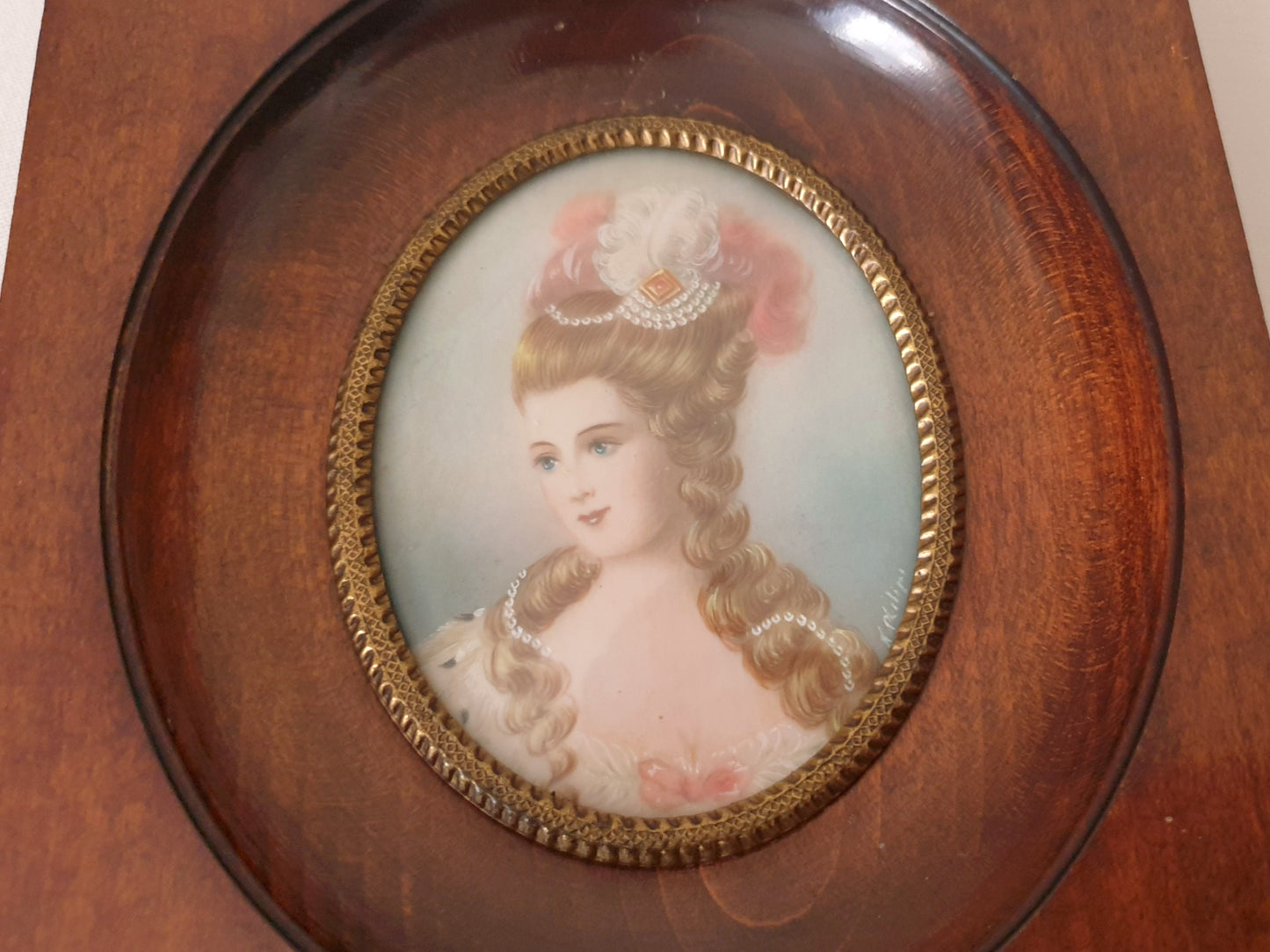 Vintage Hand-Painted Miniature Portrait of Beautiful Lady in Georgian Style in Brown Ebony Frame