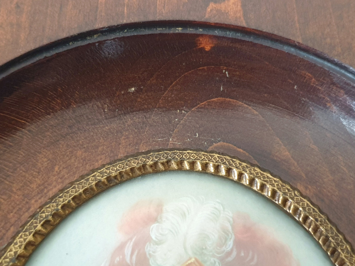 Vintage Hand-Painted Miniature Portrait of Beautiful Lady in Georgian Style in Brown Ebony Frame