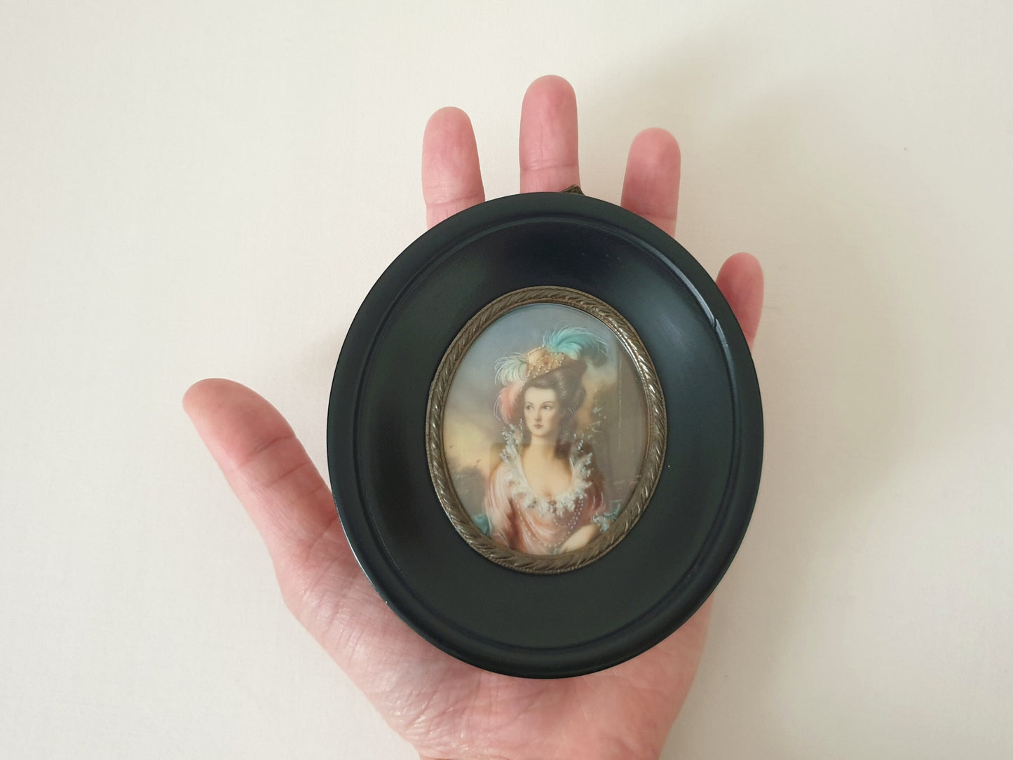 Hand-Painted Miniature Portrait of Beautiful Lady in Georgian Style, in Oval Black Ebony Frame