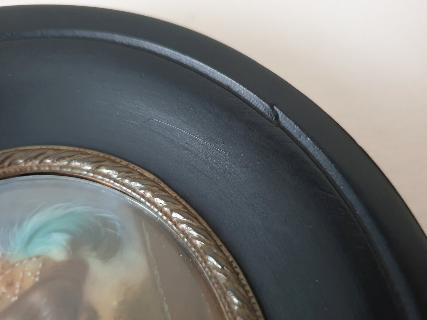 Hand-Painted Miniature Portrait of Beautiful Lady in Georgian Style, in Oval Black Ebony Frame