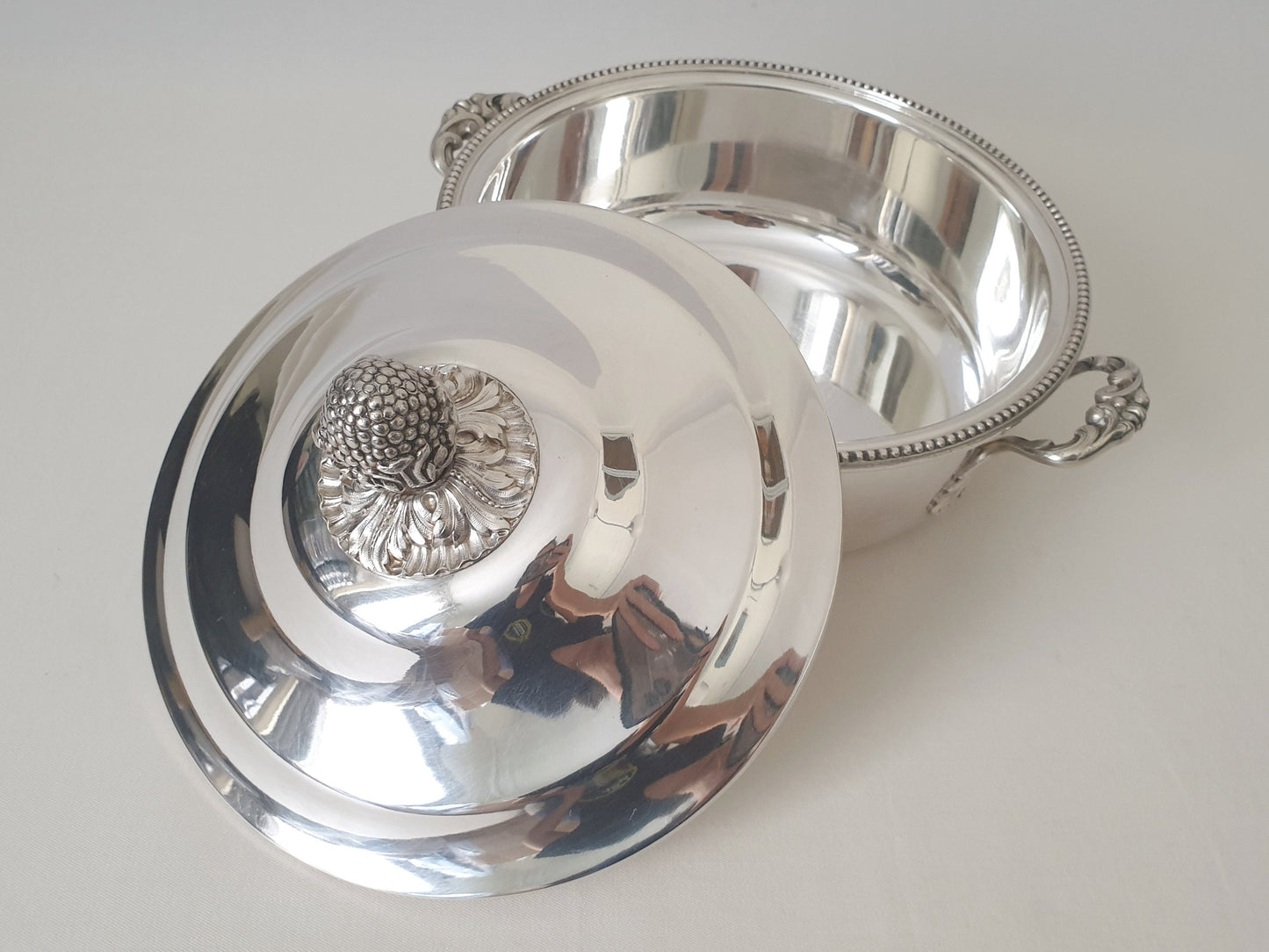 French Silver Plated Louis XVI Style Covered Vegetable Dish or Casserole Dish - Soup Tureen with Pomegranate Shaped Finial