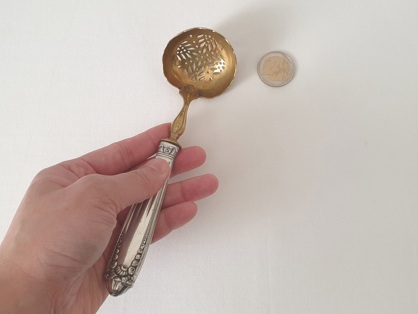 French Vintage Sugar Sifting Spoon in Silver Plated and Gilded Metal