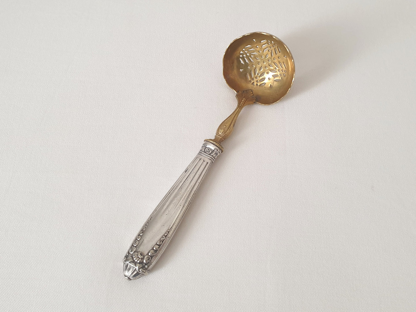 French Vintage Sugar Sifting Spoon in Silver Plated and Gilded Metal