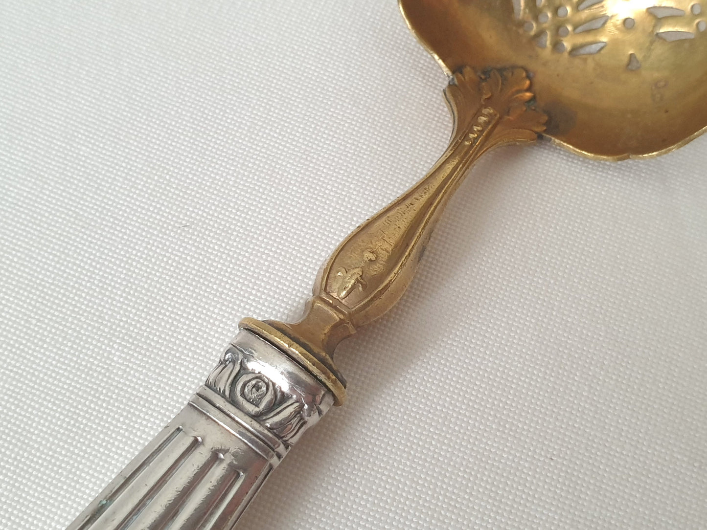 French Vintage Sugar Sifting Spoon in Silver Plated and Gilded Metal