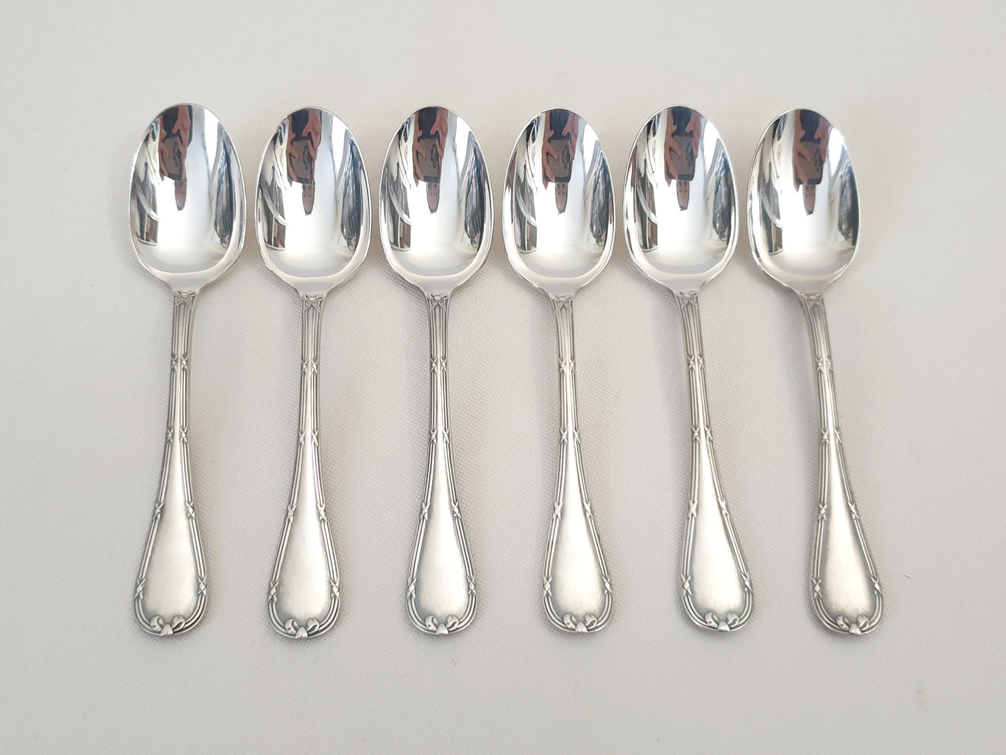 Christofle 6 Silver Plated Small Moka Spoons 'Ribbons' Model - 6 Demitasse Spoons