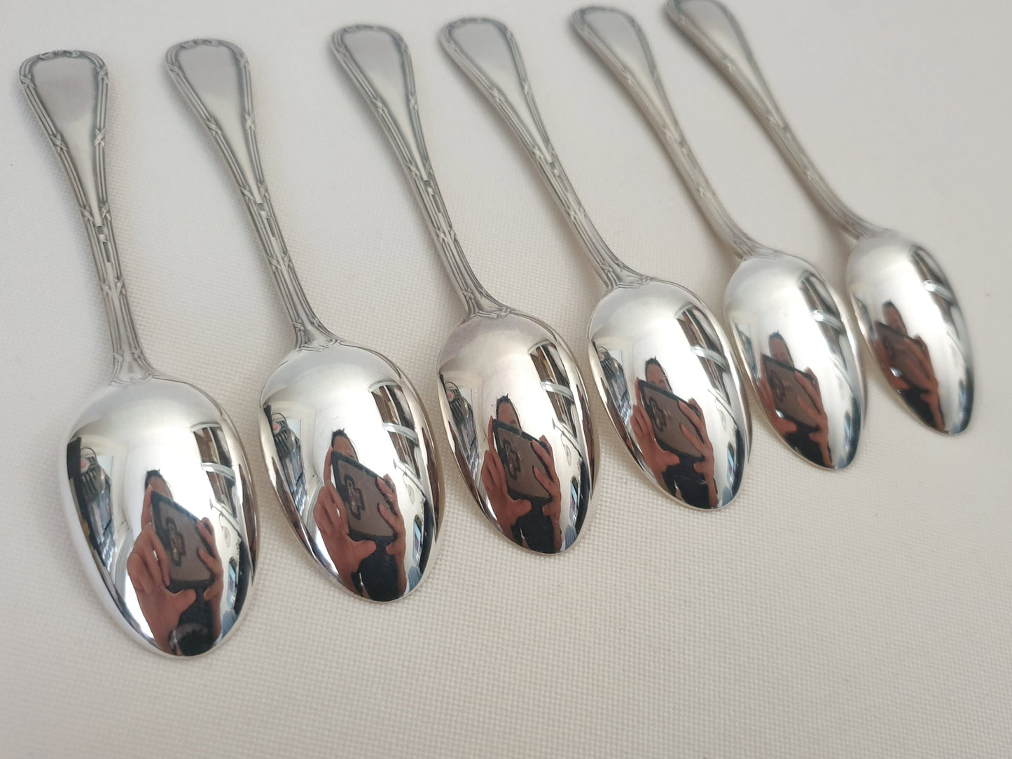 Christofle 6 Silver Plated Small Moka Spoons 'Ribbons' Model - 6 Demitasse Spoons