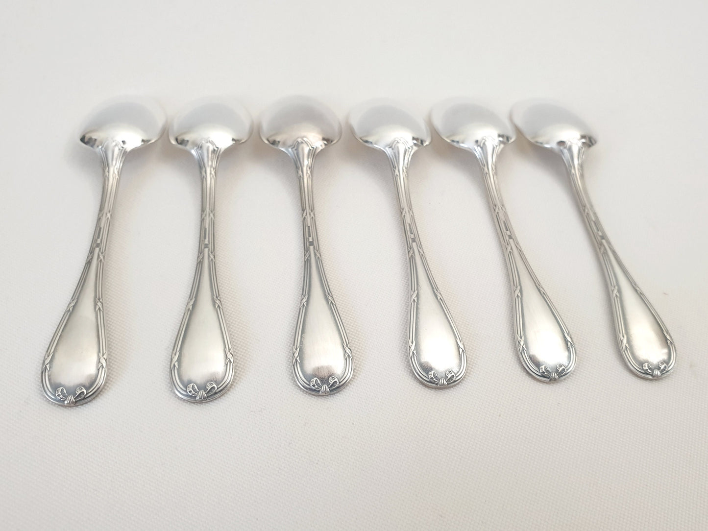 Christofle 6 Silver Plated Small Moka Spoons 'Ribbons' Model - 6 Demitasse Spoons