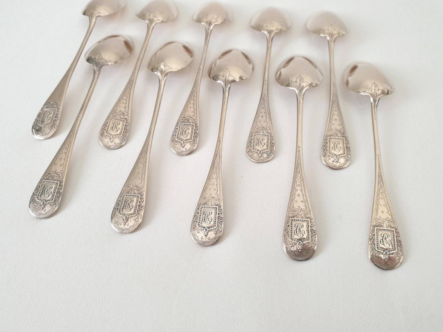 10 Silver and Gold Vermeil Coffee Spoons or Teaspoons in Louis XVI Style Medallion -  Late 19th Century