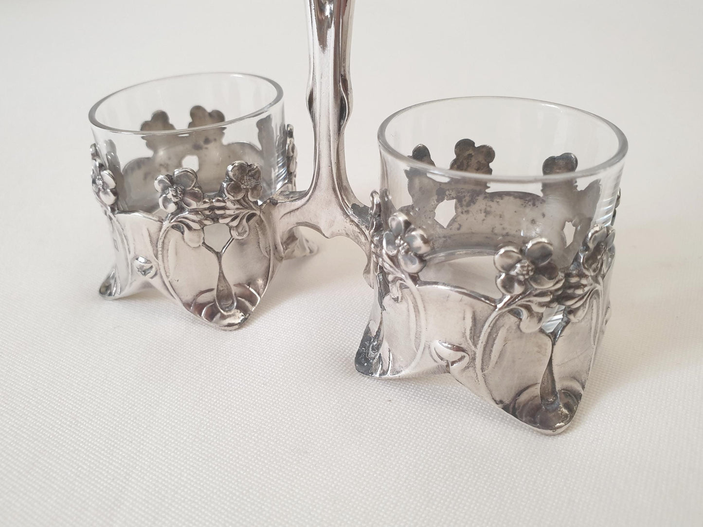 Rare Christofle Gallia Double Salt Cellars in Silver Plate and Glass - Art Nouveau Sauce Servers