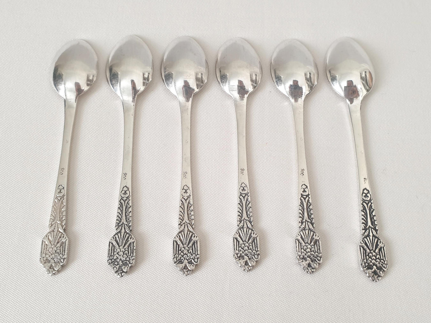 Set of 6 Italian 800 Silver Small Moka Spoons with Ornate Engraved Handles - 6 Silver Demitasse Spoons