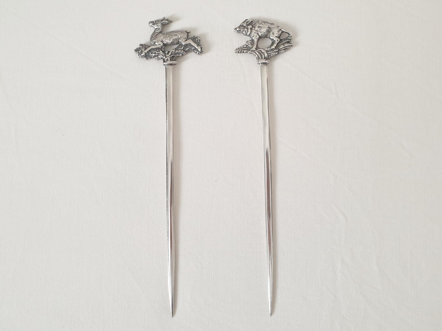 Set of 2 Silver Plated Meat Skewers with Wild Boar and Leaping Deer Designs