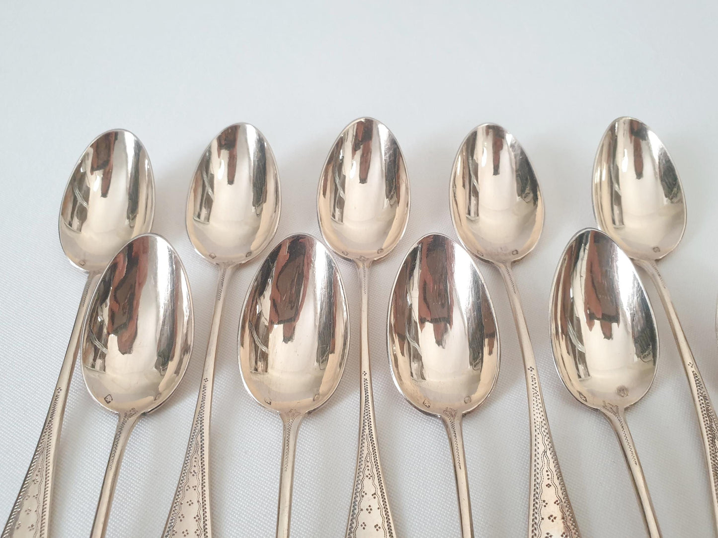 10 Silver and Gold Vermeil Coffee Spoons or Teaspoons in Louis XVI Style Medallion -  Late 19th Century