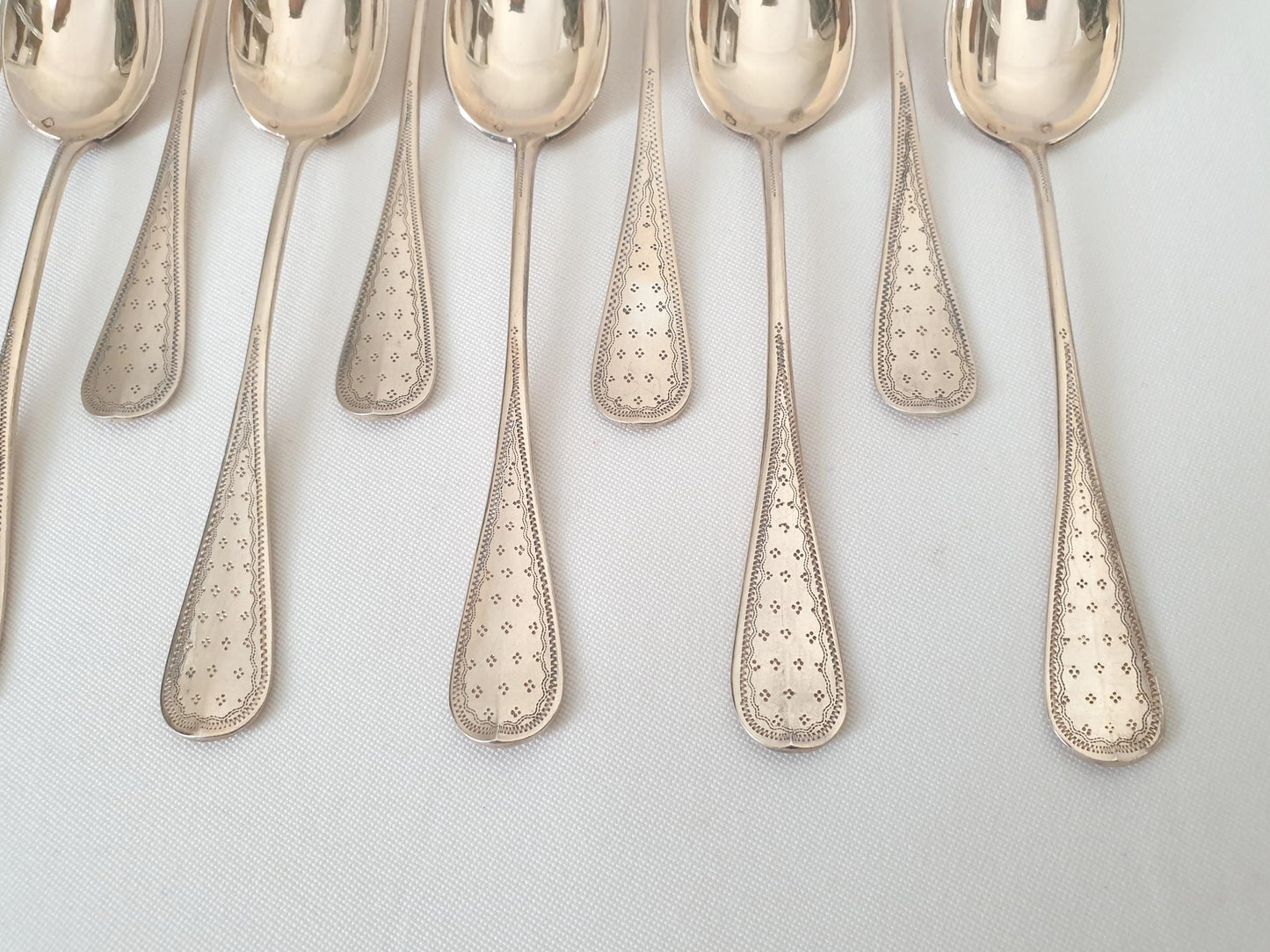 10 Silver and Gold Vermeil Coffee Spoons or Teaspoons in Louis XVI Style Medallion -  Late 19th Century