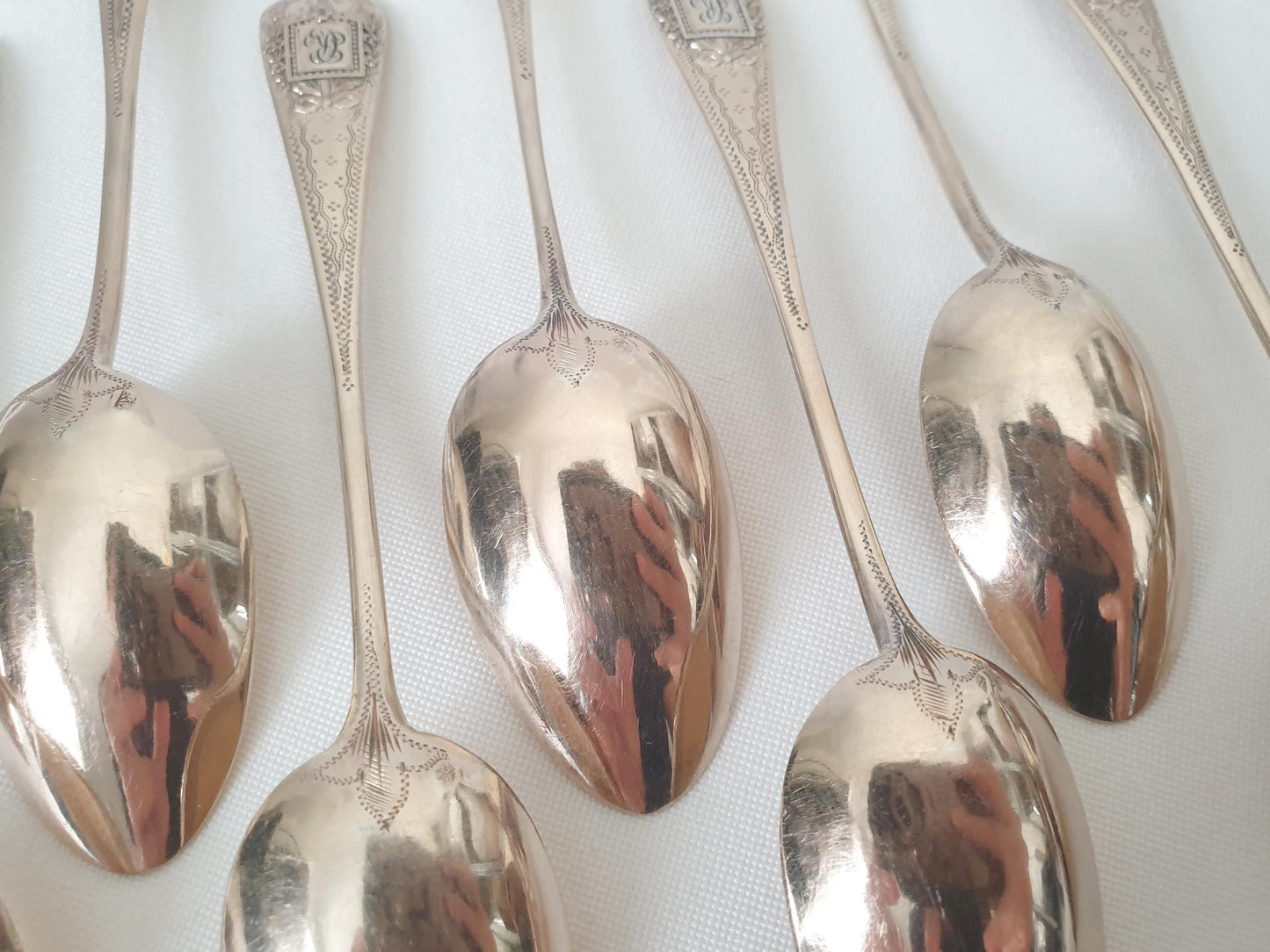 10 Silver and Gold Vermeil Coffee Spoons or Teaspoons in Louis XVI Style Medallion -  Late 19th Century