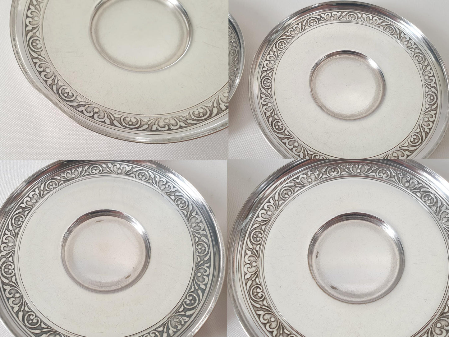 Set of 4 Silver Plated Cups and Saucers with Acanthus Leaf Designed Handles by Denis Gérard, Paris